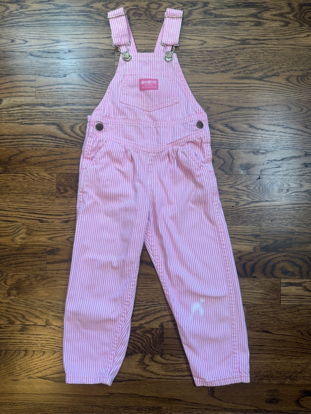 Vintage OshKosh B'gosh Girls Pink & White Striped Engineer Overalls Made in USA